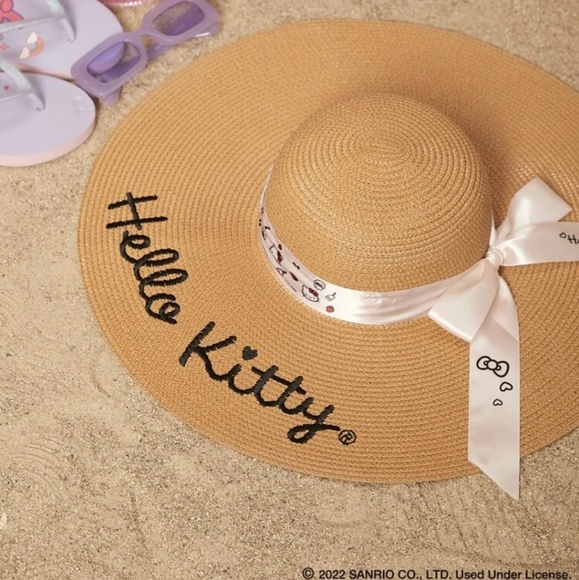 Hello Kitty Boho Wide Brim Floppy Straw Sun Hat Logo Ribbon Bow BRAND NEW - Picture 6 of 10